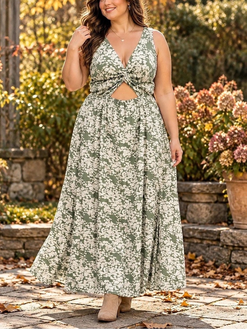 Sage Floral Open-Back Maxi Dress Size XL